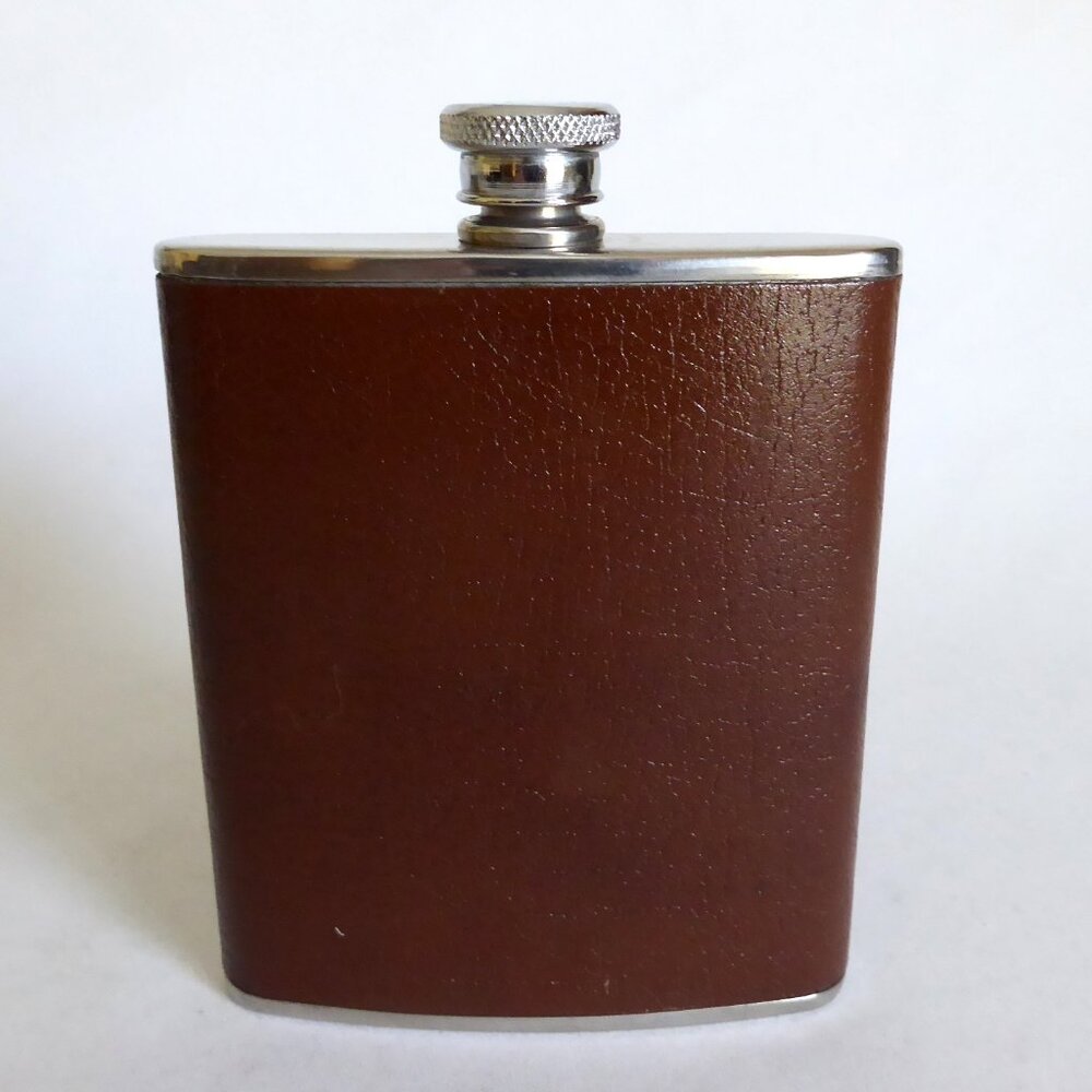 VINTAGE GUARANTEED HIP FLASK 18-8 STAINLESS STEEL & BROWN LEATHER? VINYL? (USED)